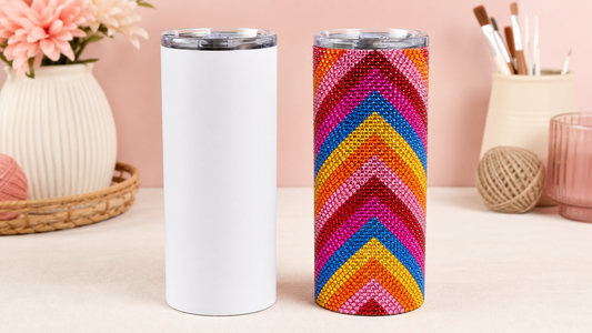 A blank and fully rhinestoned straight-sided 20 oz tumbler shown side by side