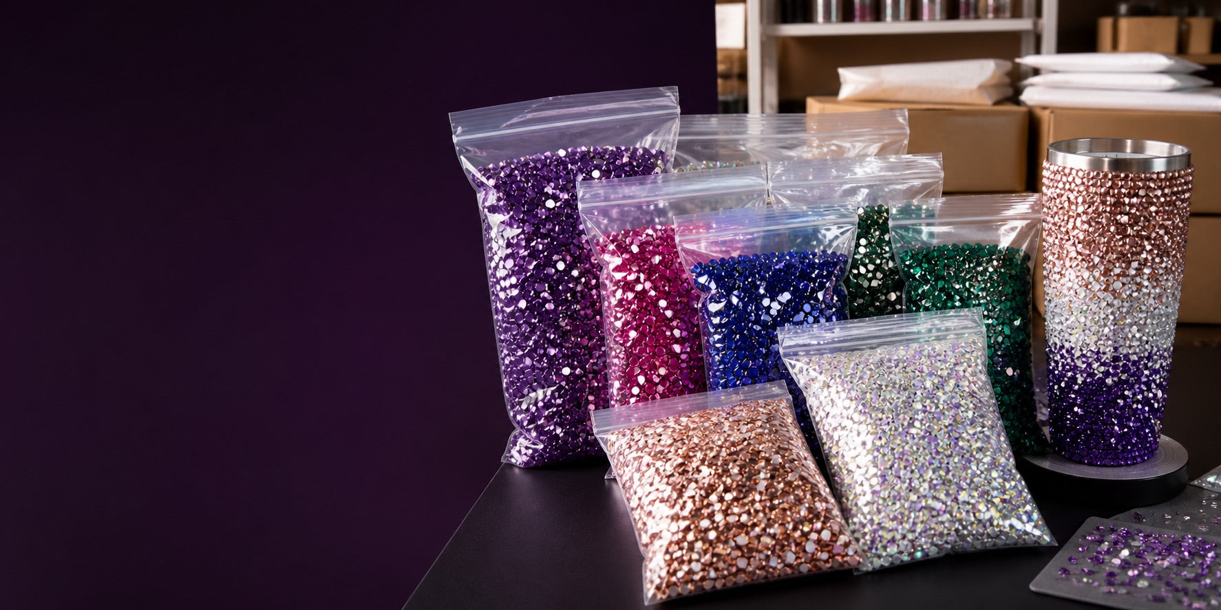 Large clear bulk bags filled with colourful round rhinestones beside a production-size tumbler project