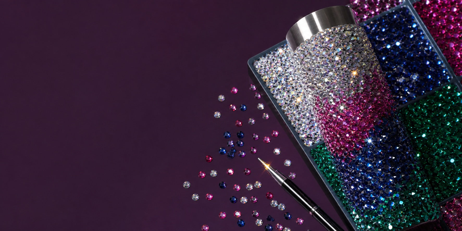 Premium round glass rhinestones and a precisely rhinestoned tumbler in rich jewel colours