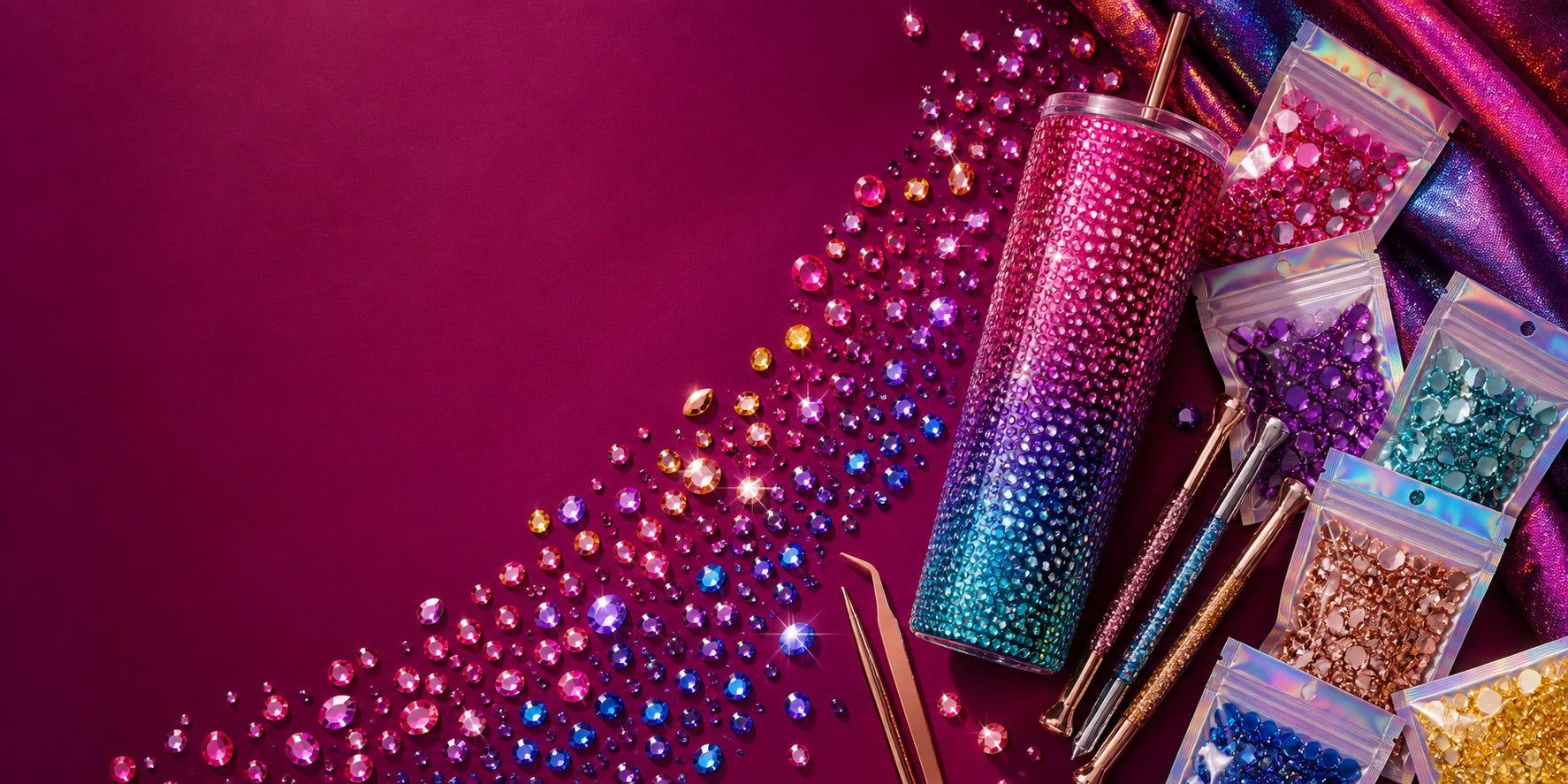 A bold colourful assortment of rhinestones, tools and a finished sparkling tumbler arranged like a premium sale campaign