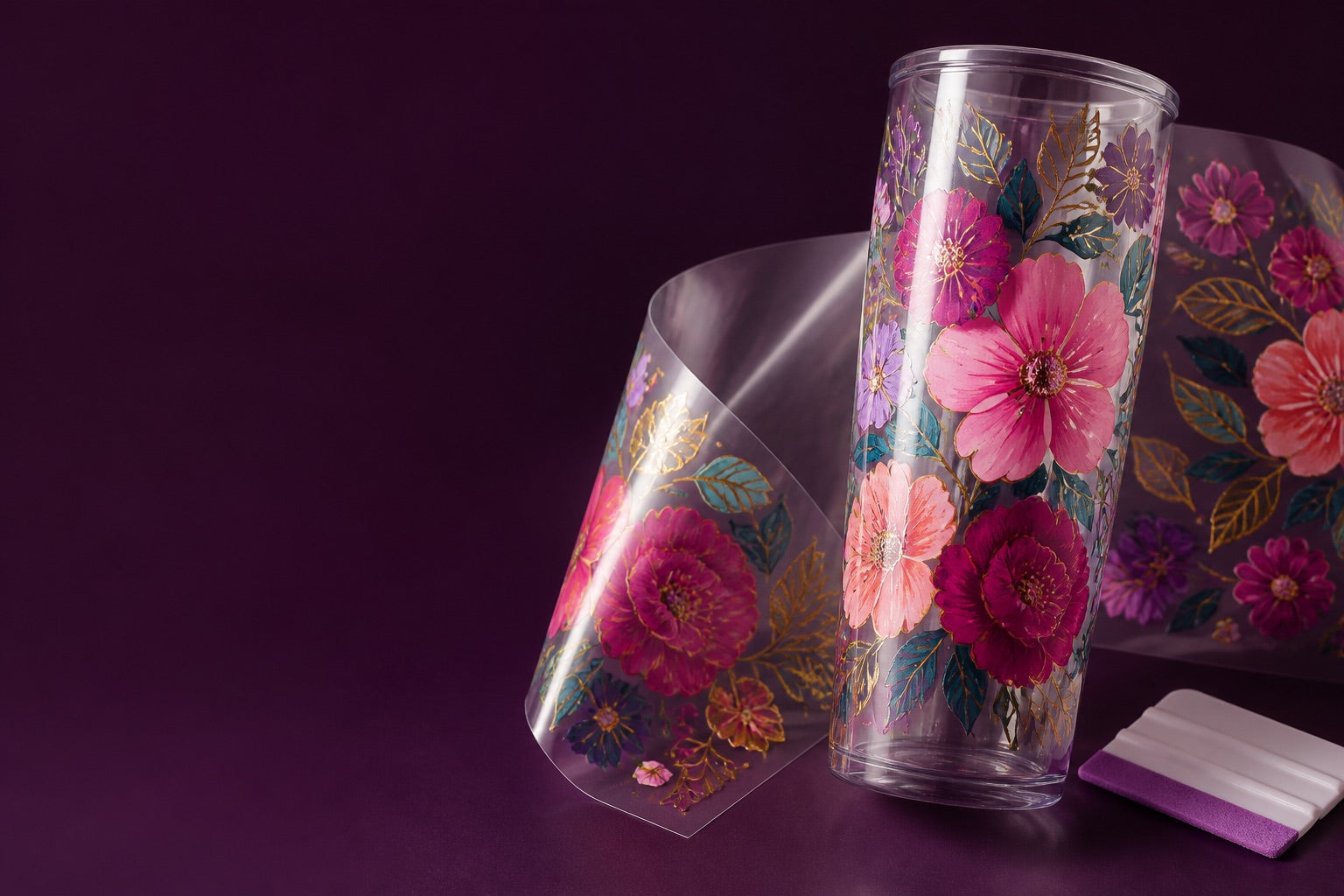 A vivid floral UV DTF wrap being applied to a clear 20oz straight tumbler